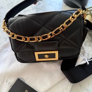 Versace Black Leather Shoulder Bag with Gold Chain